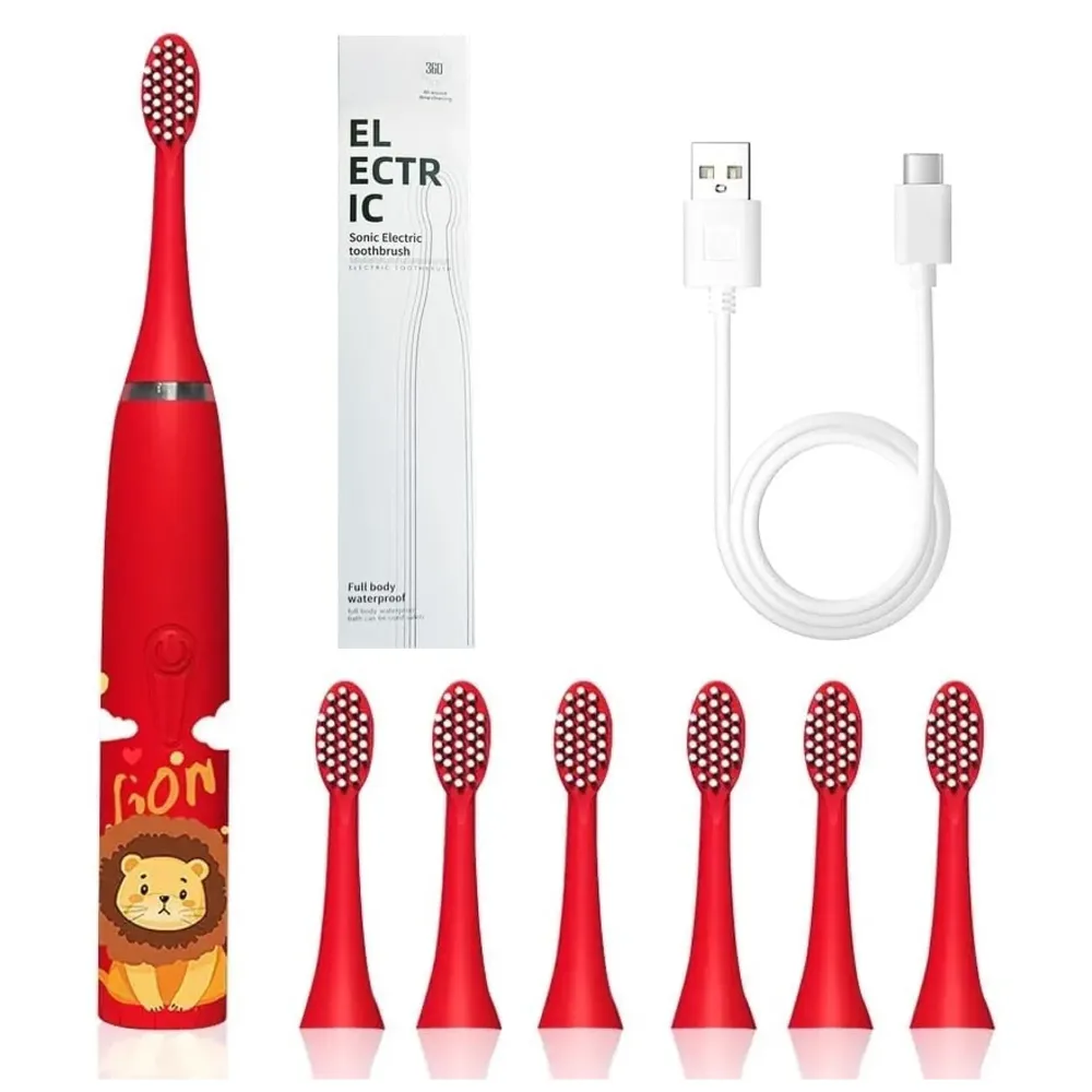 Kids Children Electric Automatic Toothbrush Kit With 6 Brushes, Cleaning Lion Cartoon Animals Tooth Cleaner Set Oral Care Electric Toothbrush Dental Tools For Age 3-15 Years, 1 Piece,White