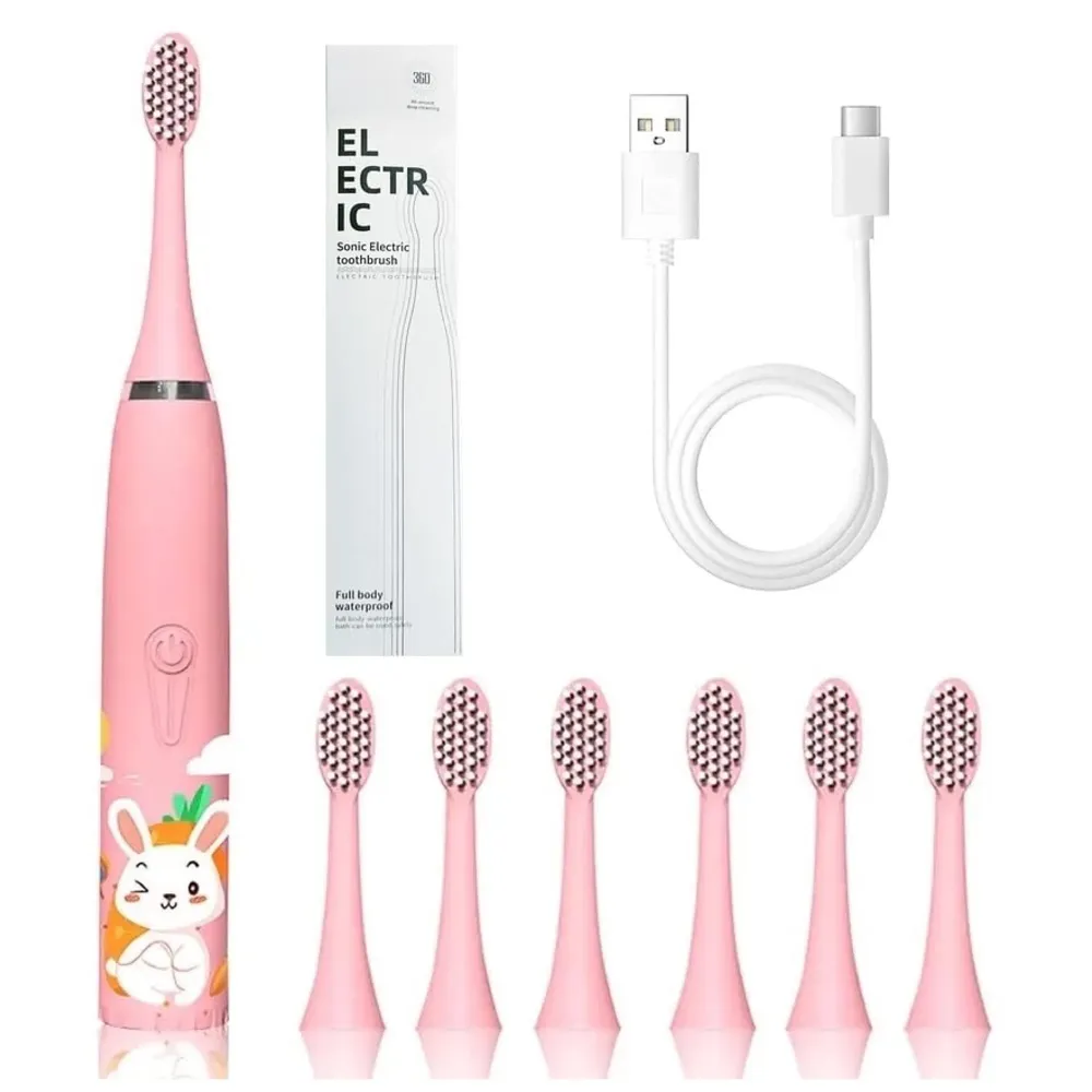 Kids Children Electric Automatic Toothbrush Kit With 6 Brushes,4 Modes Of Bunny Pink Cartoon Animals Tooth Cleaner Set Oral Care Electric Toothbrush Dental Tools For Age 3-15 Years - 1 Piece