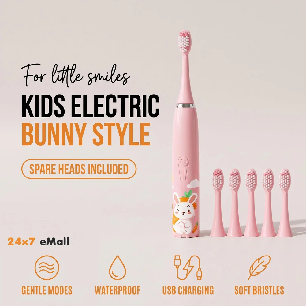 Kids Children Electric Automatic Toothbrush Kit With 6 Brushes,4 Modes Of Bunny Pink Cartoon Animals Tooth Cleaner Set Oral Care Electric Toothbrush Dental Tools For Age 3-15 Years - 1 Piece