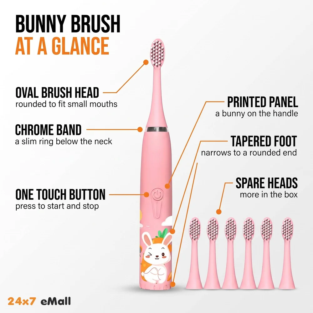 Kids Children Electric Automatic Toothbrush Kit With 6 Brushes,4 Modes Of Bunny Pink Cartoon Animals Tooth Cleaner Set Oral Care Electric Toothbrush Dental Tools For Age 3-15 Years - 1 Piece