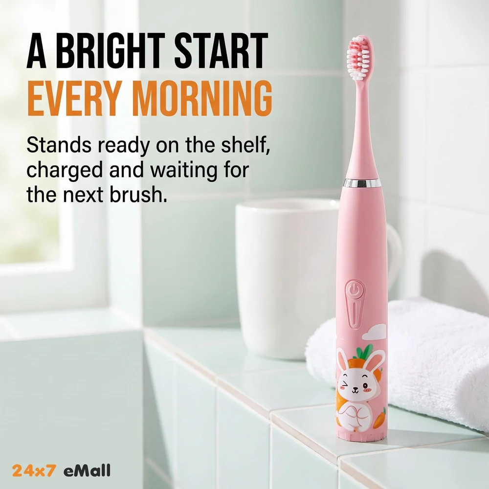 Kids Children Electric Automatic Toothbrush Kit With 6 Brushes,4 Modes Of Bunny Pink Cartoon Animals Tooth Cleaner Set Oral Care Electric Toothbrush Dental Tools For Age 3-15 Years - 1 Piece