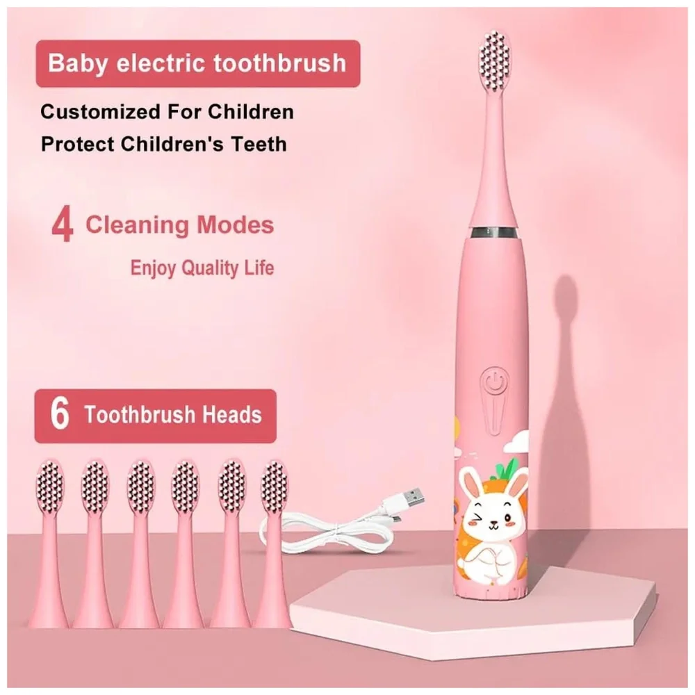 Kids Children Electric Automatic Toothbrush Kit With 6 Brushes,4 Modes Of Bunny Pink Cartoon Animals Tooth Cleaner Set Oral Care Electric Toothbrush Dental Tools For Age 3-15 Years - 1 Piece