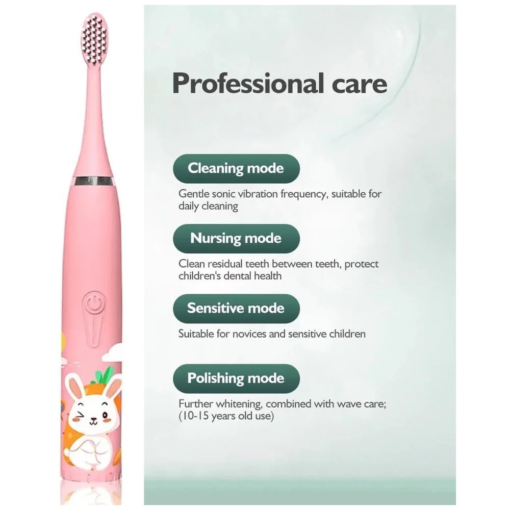 Kids Children Electric Automatic Toothbrush Kit With 6 Brushes,4 Modes Of Bunny Pink Cartoon Animals Tooth Cleaner Set Oral Care Electric Toothbrush Dental Tools For Age 3-15 Years - 1 Piece