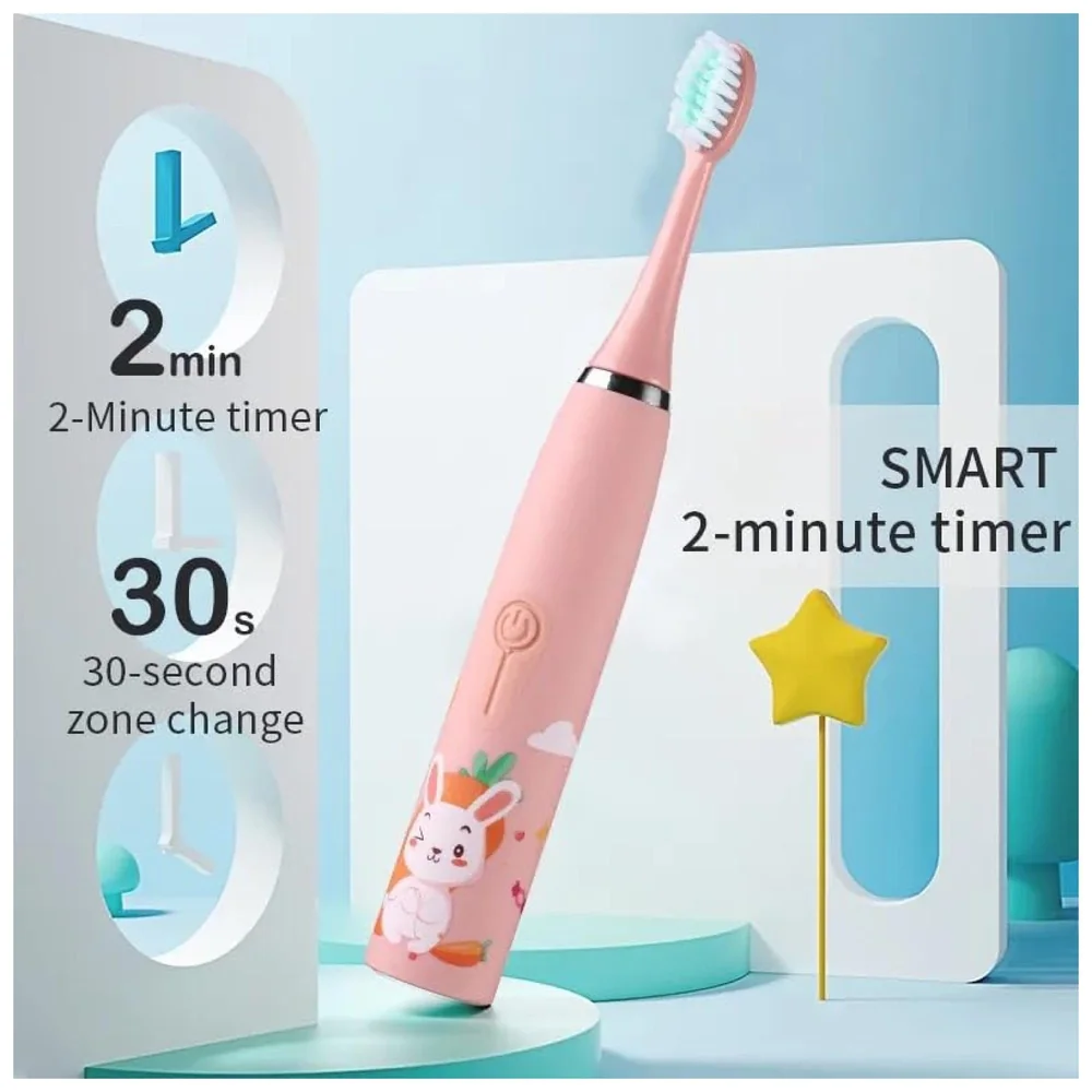 Kids Children Electric Automatic Toothbrush Kit With 6 Brushes,4 Modes Of Bunny Pink Cartoon Animals Tooth Cleaner Set Oral Care Electric Toothbrush Dental Tools For Age 3-15 Years - 1 Piece