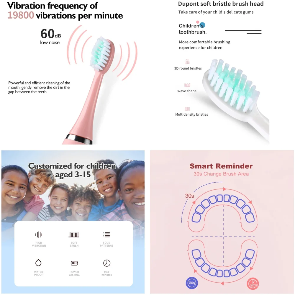 Kids Children Electric Automatic Toothbrush Kit With 6 Brushes,4 Modes Of Bunny Pink Cartoon Animals Tooth Cleaner Set Oral Care Electric Toothbrush Dental Tools For Age 3-15 Years - 1 Piece
