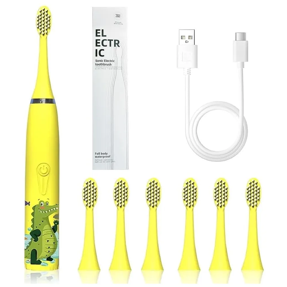 Kids Children Electric Automatic Toothbrush Kit With 6 Brushes, 4 Modes Of Cleaning Crocodile Green Cartoon Animals Tooth Cleaner Set Oral Care Electric Toothbrush tools For Age 3-15 Y Premium