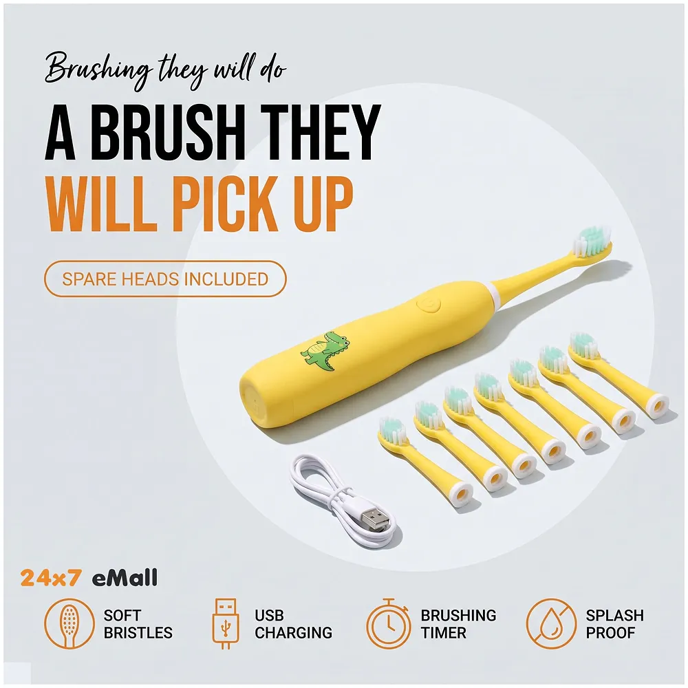 Kids Children Electric Automatic Toothbrush Kit With 6 Brushes, 4 Modes Of Cleaning Crocodile Green Cartoon Animals Tooth Cleaner Set Oral Care Electric Toothbrush tools For Age 3-15 Y Premium