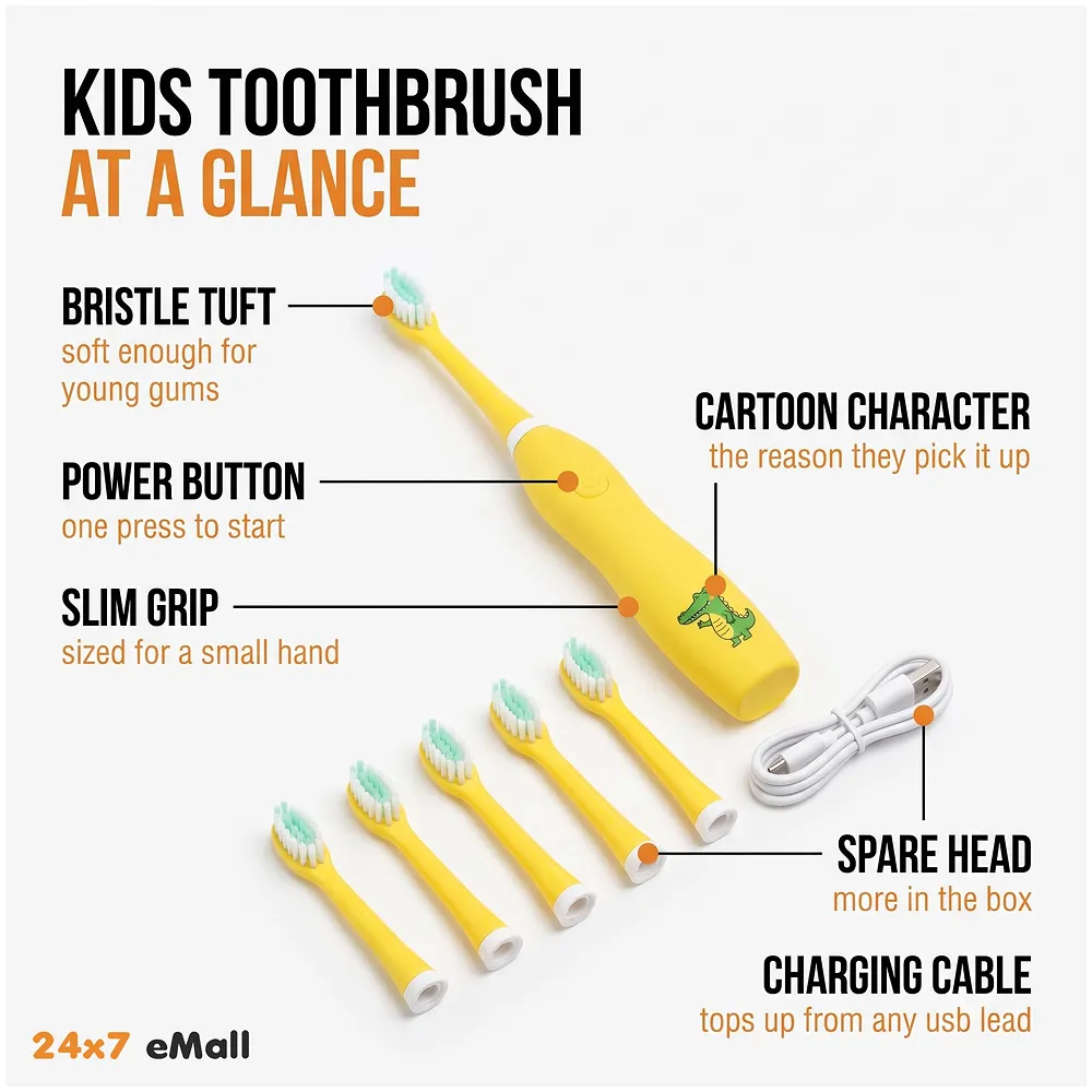 Kids Children Electric Automatic Toothbrush Kit With 6 Brushes, 4 Modes Of Cleaning Crocodile Green Cartoon Animals Tooth Cleaner Set Oral Care Electric Toothbrush tools For Age 3-15 Y Premium