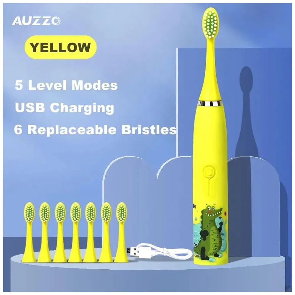 Kids Children Electric Automatic Toothbrush Kit With 6 Brushes, 4 Modes Of Cleaning Crocodile Green Cartoon Animals Tooth Cleaner Set Oral Care Electric Toothbrush tools For Age 3-15 Y Premium