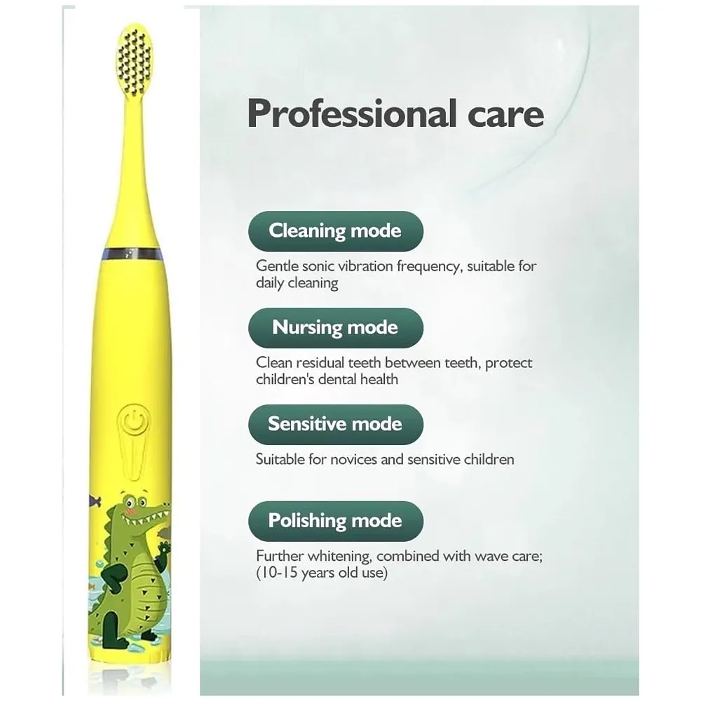Kids Children Electric Automatic Toothbrush Kit With 6 Brushes, 4 Modes Of Cleaning Crocodile Green Cartoon Animals Tooth Cleaner Set Oral Care Electric Toothbrush tools For Age 3-15 Y Premium