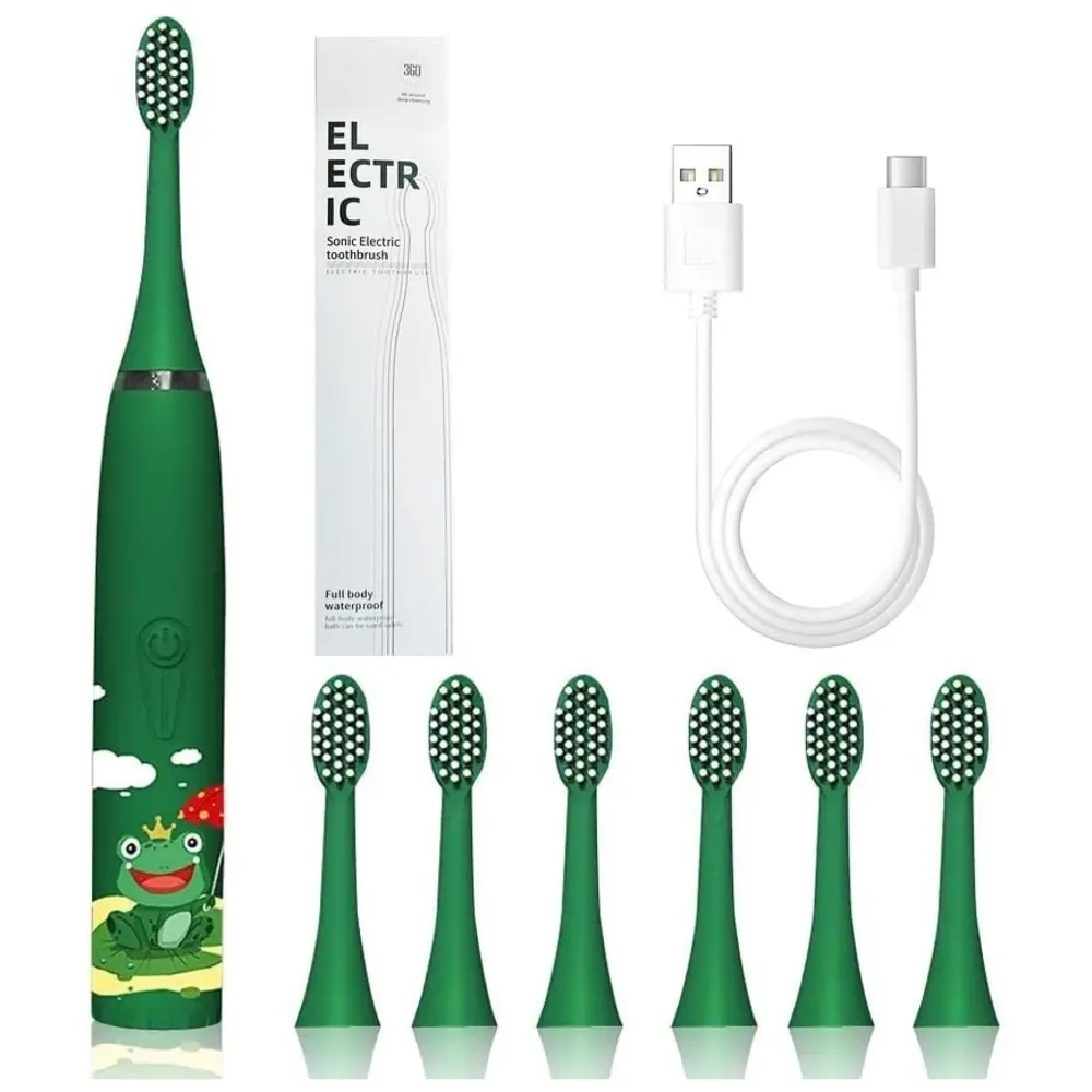 Kids Children Electric Automatic Toothbrush Kit With 6 Brushes, 4 Modes Of Cleaning Frog Green Cartoon Animals Tooth Cleaner Set Oral Care Electric Toothbrush Dental tools For Age 3-15 Years