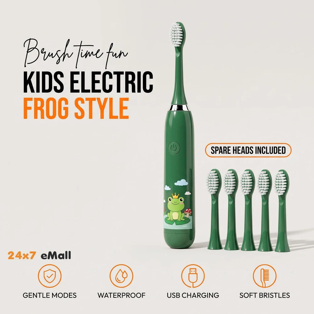 Kids Children Electric Automatic Toothbrush Kit With 6 Brushes, 4 Modes Of Cleaning Frog Green Cartoon Animals Tooth Cleaner Set Oral Care Electric Toothbrush Dental tools For Age 3-15 Years