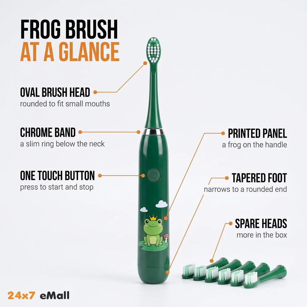 Kids Children Electric Automatic Toothbrush Kit With 6 Brushes, 4 Modes Of Cleaning Frog Green Cartoon Animals Tooth Cleaner Set Oral Care Electric Toothbrush Dental tools For Age 3-15 Years