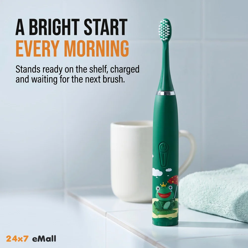 Kids Children Electric Automatic Toothbrush Kit With 6 Brushes, 4 Modes Of Cleaning Frog Green Cartoon Animals Tooth Cleaner Set Oral Care Electric Toothbrush Dental tools For Age 3-15 Years