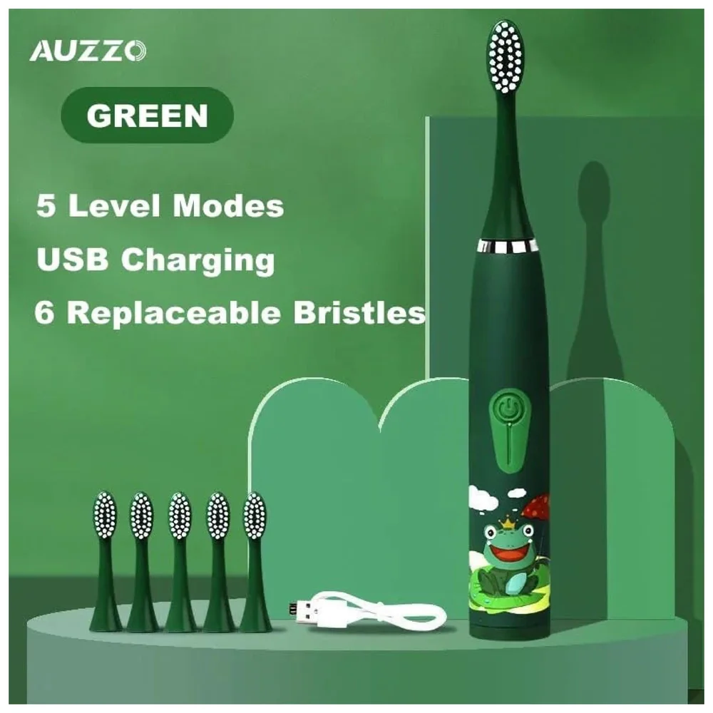Kids Children Electric Automatic Toothbrush Kit With 6 Brushes, 4 Modes Of Cleaning Frog Green Cartoon Animals Tooth Cleaner Set Oral Care Electric Toothbrush Dental tools For Age 3-15 Years