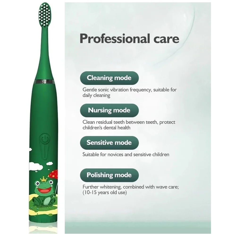 Kids Children Electric Automatic Toothbrush Kit With 6 Brushes, 4 Modes Of Cleaning Frog Green Cartoon Animals Tooth Cleaner Set Oral Care Electric Toothbrush Dental tools For Age 3-15 Years