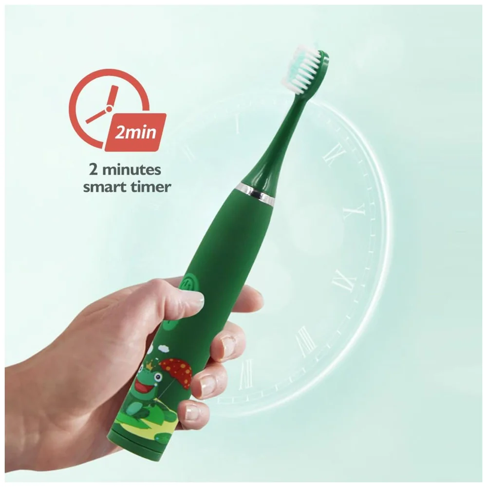 Kids Children Electric Automatic Toothbrush Kit With 6 Brushes, 4 Modes Of Cleaning Frog Green Cartoon Animals Tooth Cleaner Set Oral Care Electric Toothbrush Dental tools For Age 3-15 Years