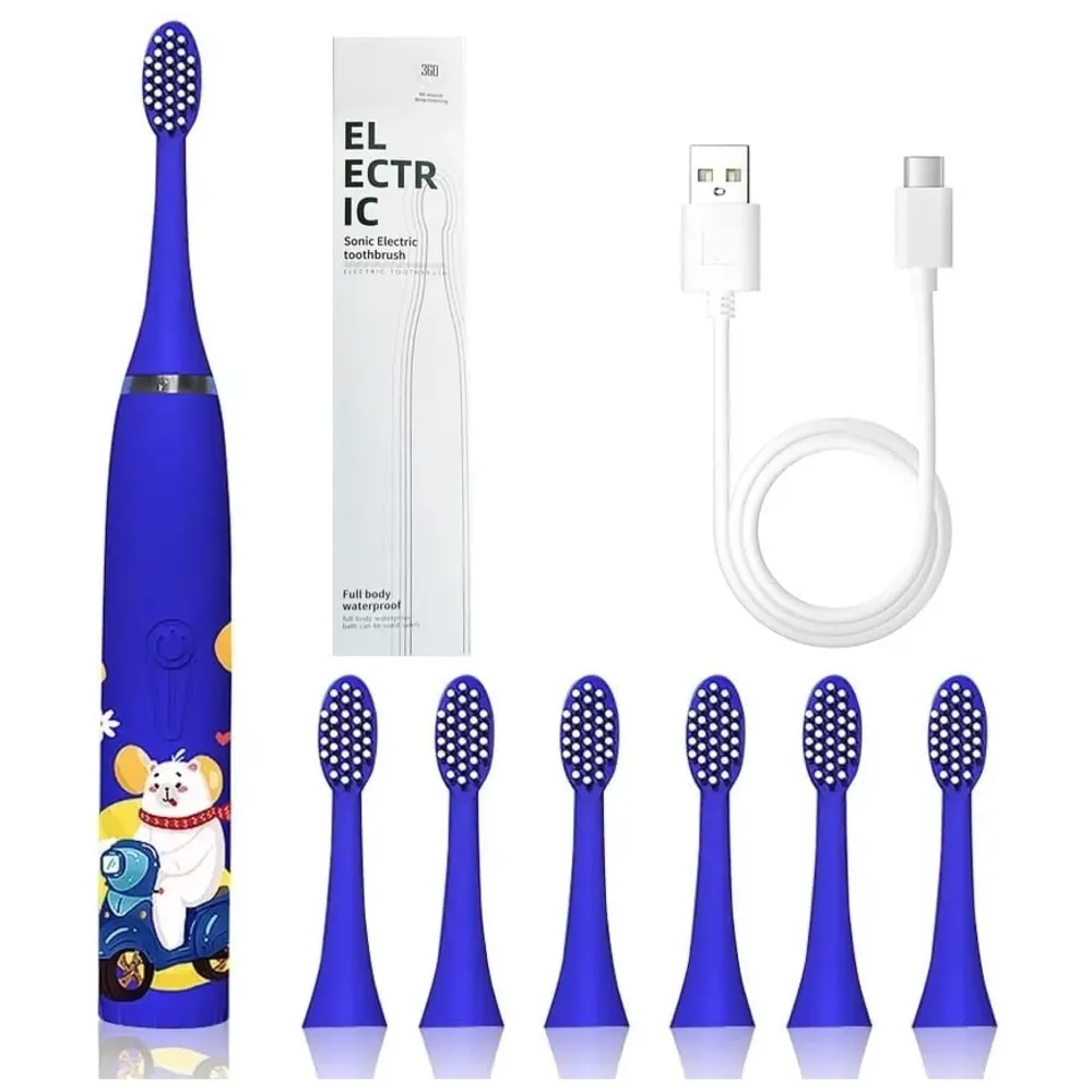 Kids Children Electric Automatic Toothbrush Kit With 6Brushes,4Modes Of Cleaning Bear Blue Cartoon Animals Tooth Cleaner Set OralCare Electric Toothbrush DentalTools For Age 3-15Years,1Piece