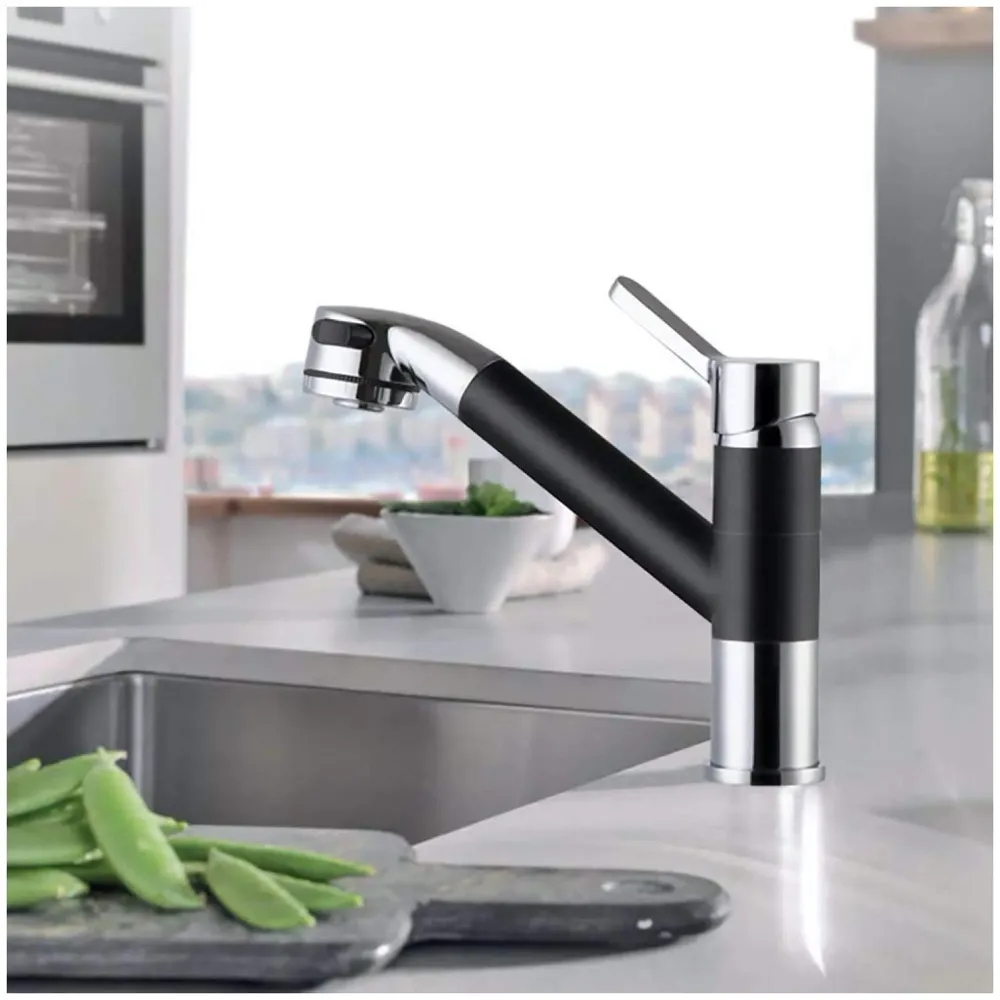Short Single Lever Kitchen Sink Mixer with 360 Swivel Spout and Pull-Down Sprayer/Black and Chrome Finish Sink Faucet, Sink Tap, Black, Brass and Chrome Finish