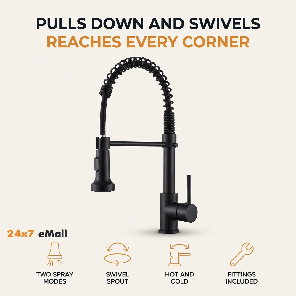 Black Kitchen Faucet 2 Modes, Swivel Body and Bendable Pipe with Holder hot and Cold Water 16 inch x 8.6 Inch