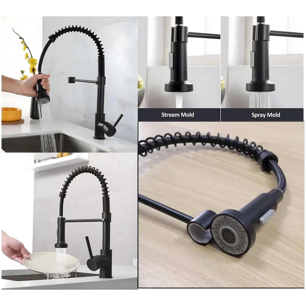 Black Kitchen Faucet 2 Modes, Swivel Body and Bendable Pipe with Holder hot and Cold Water 16 inch x 8.6 Inch