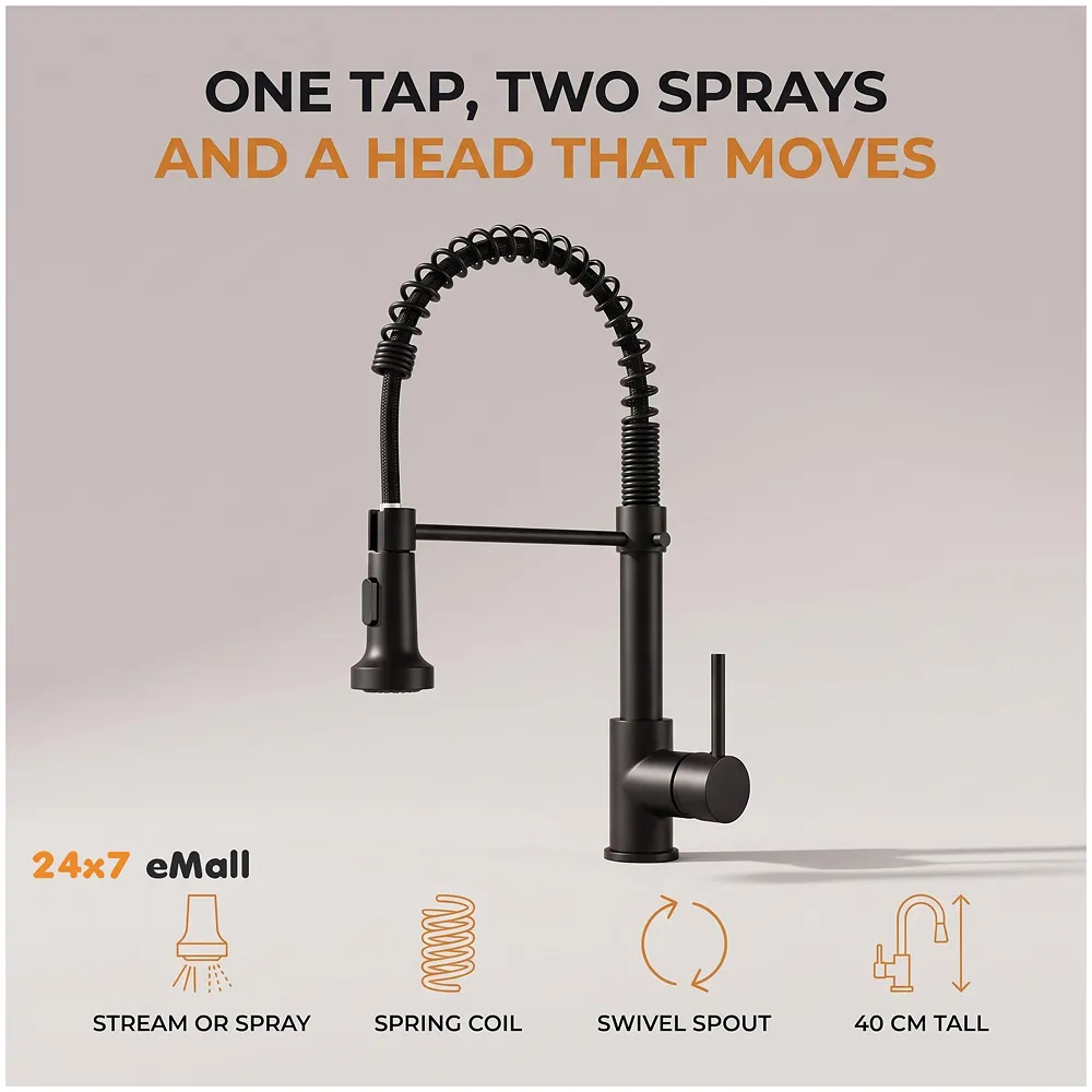 Black Kitchen Faucet 2 Modes Swivel Bendable Pipe Hot Cold 16in