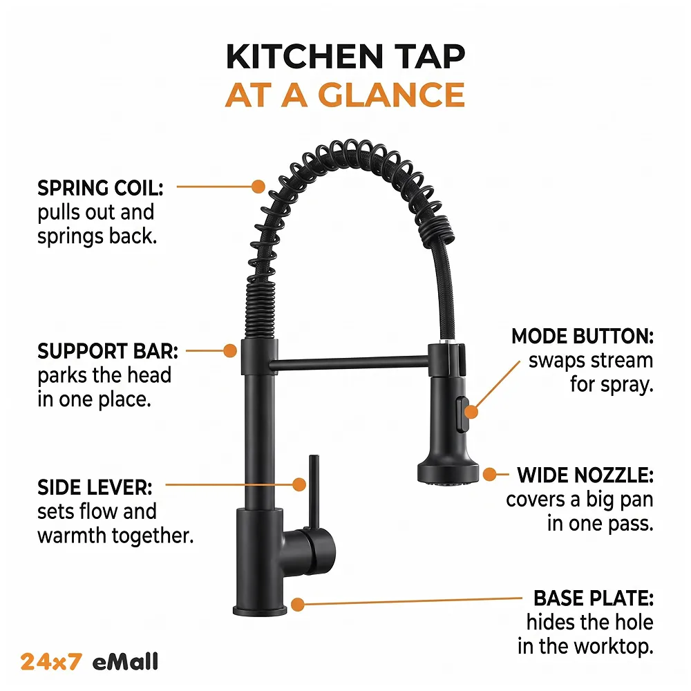 Black Kitchen Faucet 2 Modes Swivel Bendable Pipe Hot Cold 16in