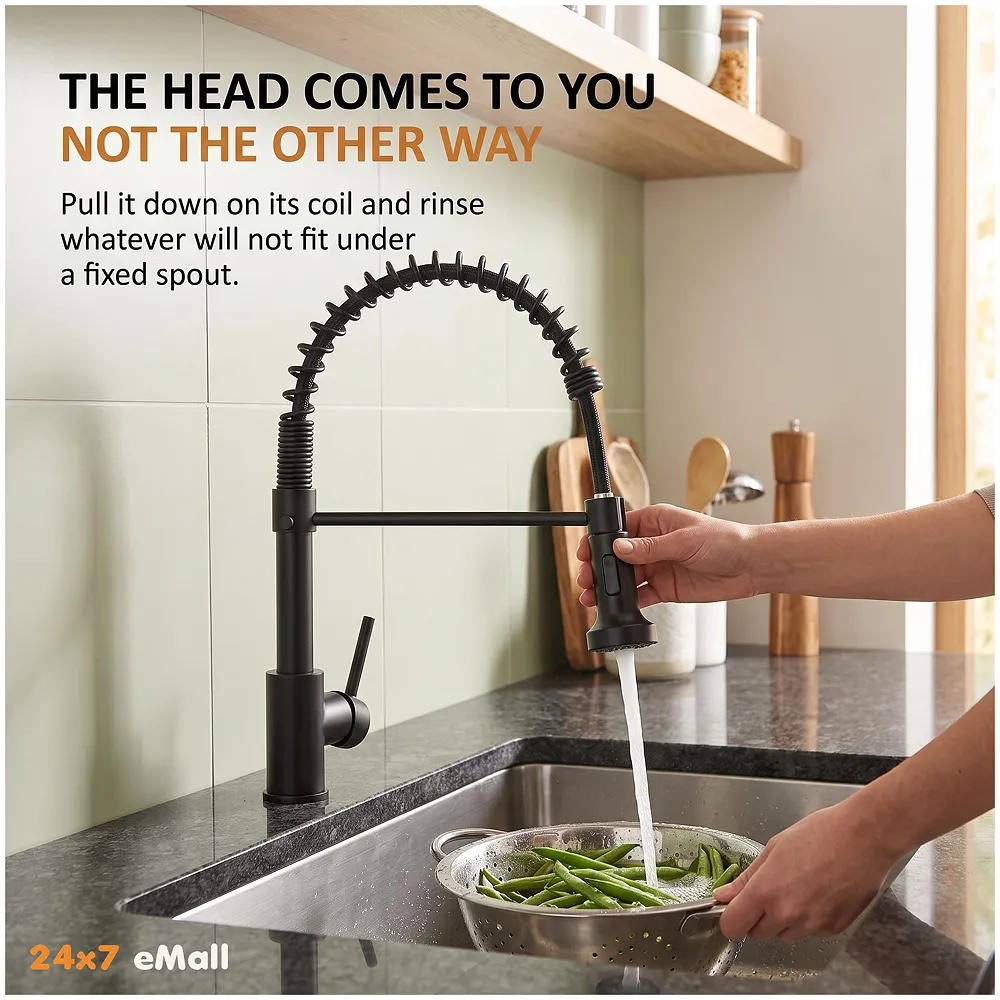 Black Kitchen Faucet 2 Modes Swivel Bendable Pipe Hot Cold 16in