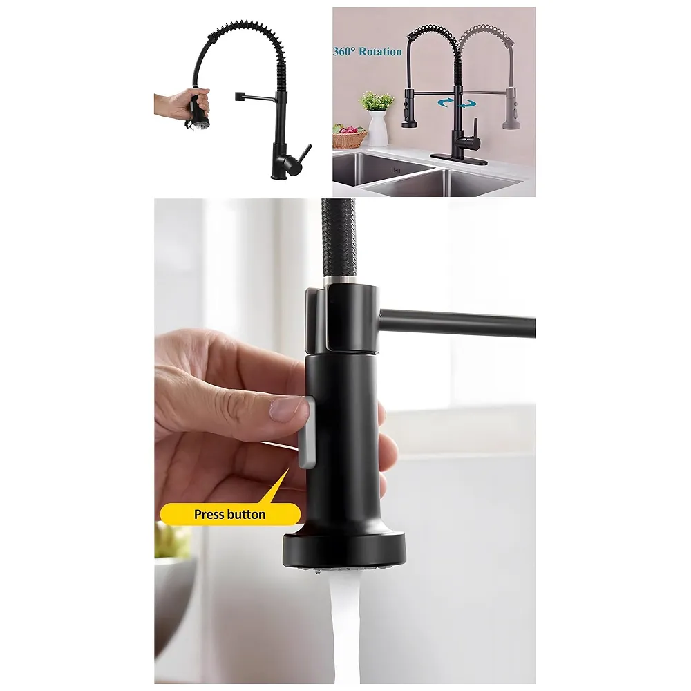 Black Kitchen Faucet 2 Modes Swivel Bendable Pipe Hot Cold 16in