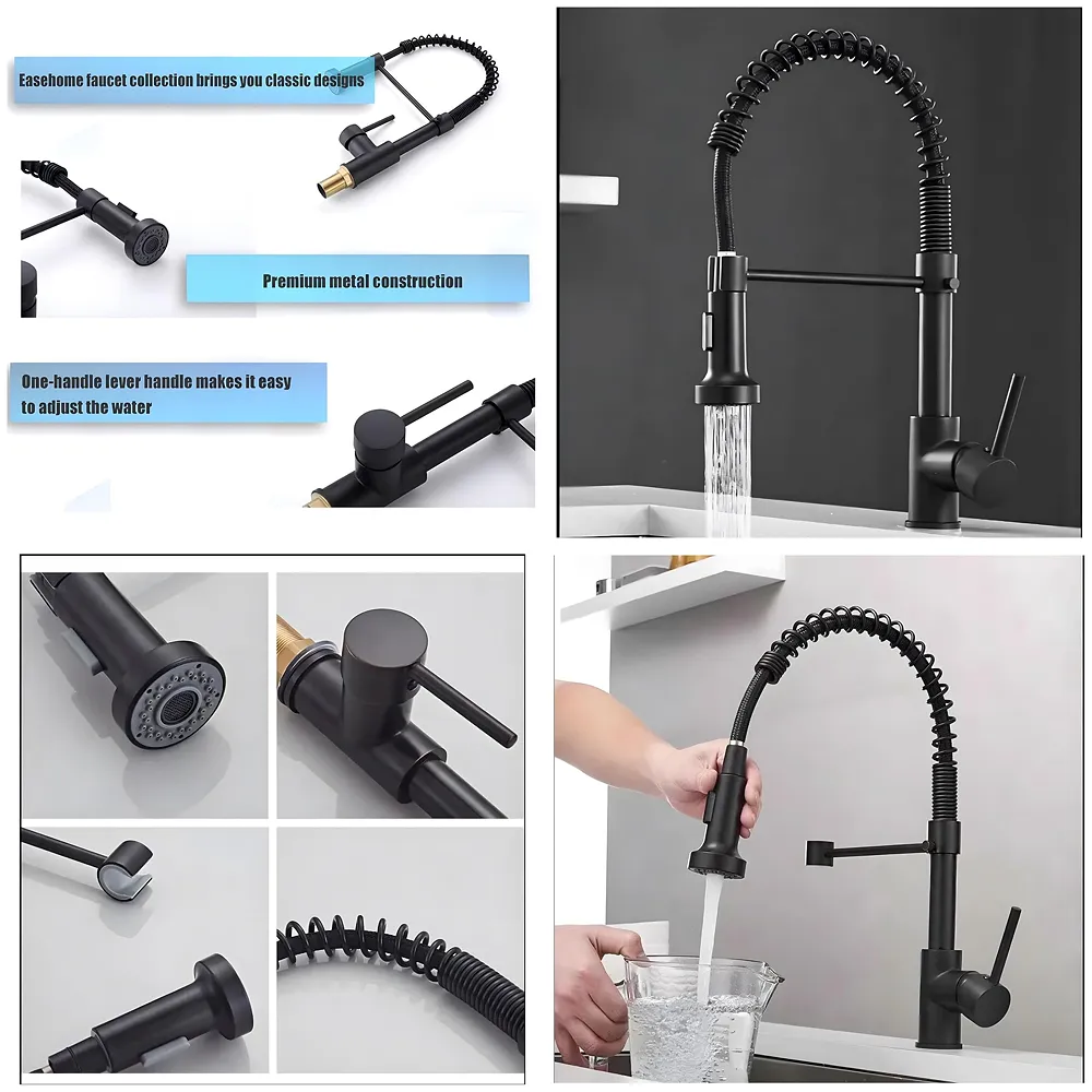 Black Kitchen Faucet 2 Modes Swivel Bendable Pipe Hot Cold 16in