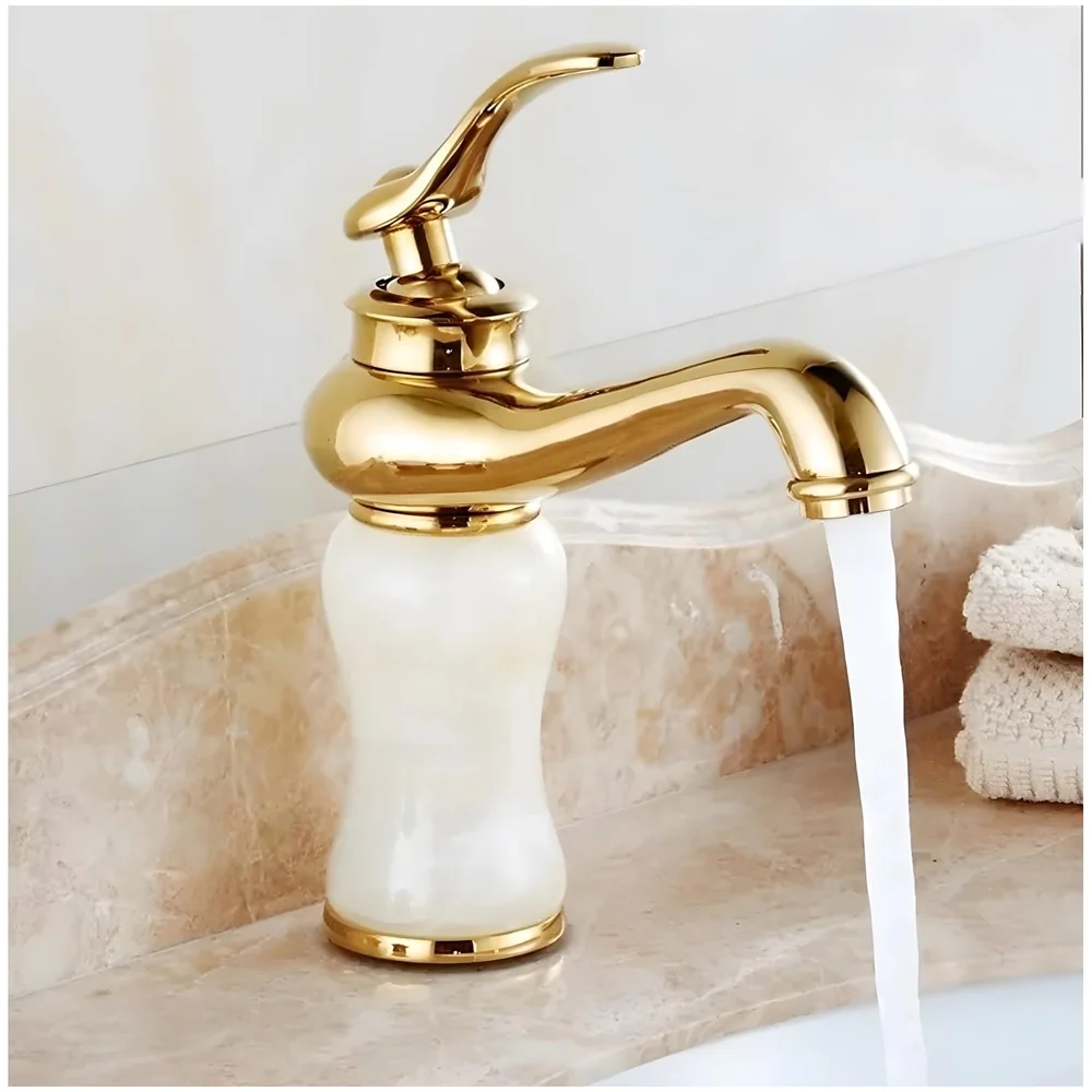 White Gold Marble Basin Tap Faucet Mixer Jade Petite 20 cm Tall