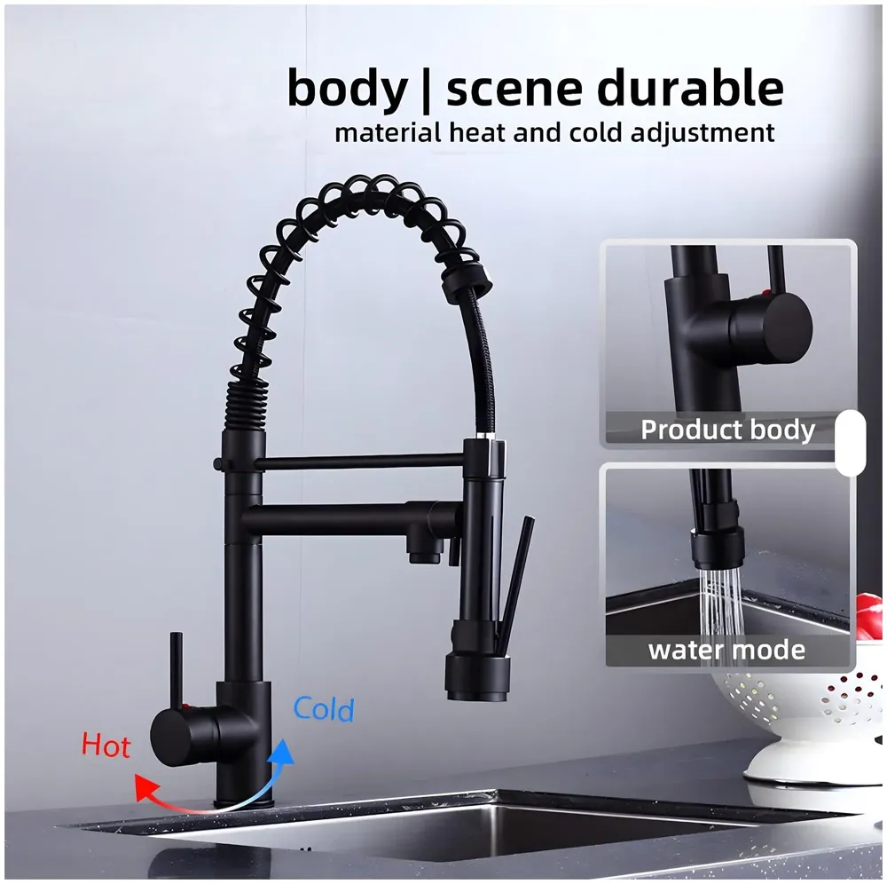 Black Kitchen Faucet 2 in 1, 2 Modes, Swivel Body and Bendable Pipe with Holder hot and Cold Water Mixer 50 Cm x 25 Cm, 360 Degree Rotation