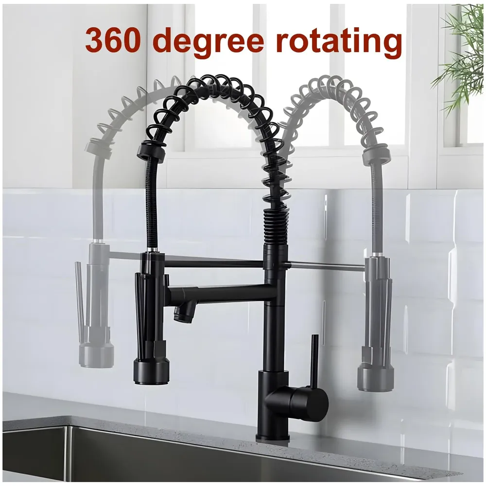 Black Kitchen Faucet 2 in 1, 2 Modes, Swivel Body and Bendable Pipe with Holder hot and Cold Water Mixer 50 Cm x 25 Cm, 360 Degree Rotation
