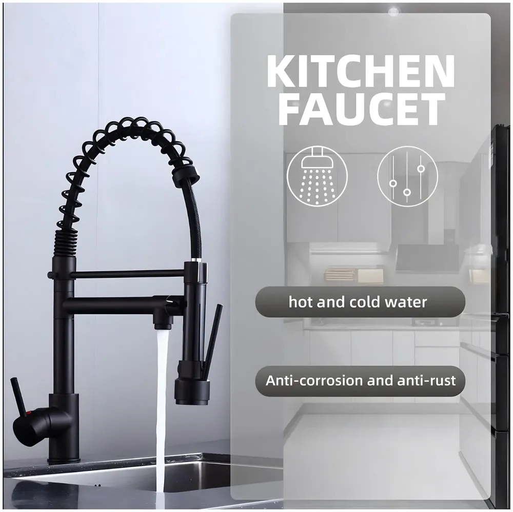 Black Kitchen Faucet 2 in 1, 2 Modes, Swivel Body and Bendable Pipe with Holder hot and Cold Water Mixer 50 Cm x 25 Cm, 360 Degree Rotation