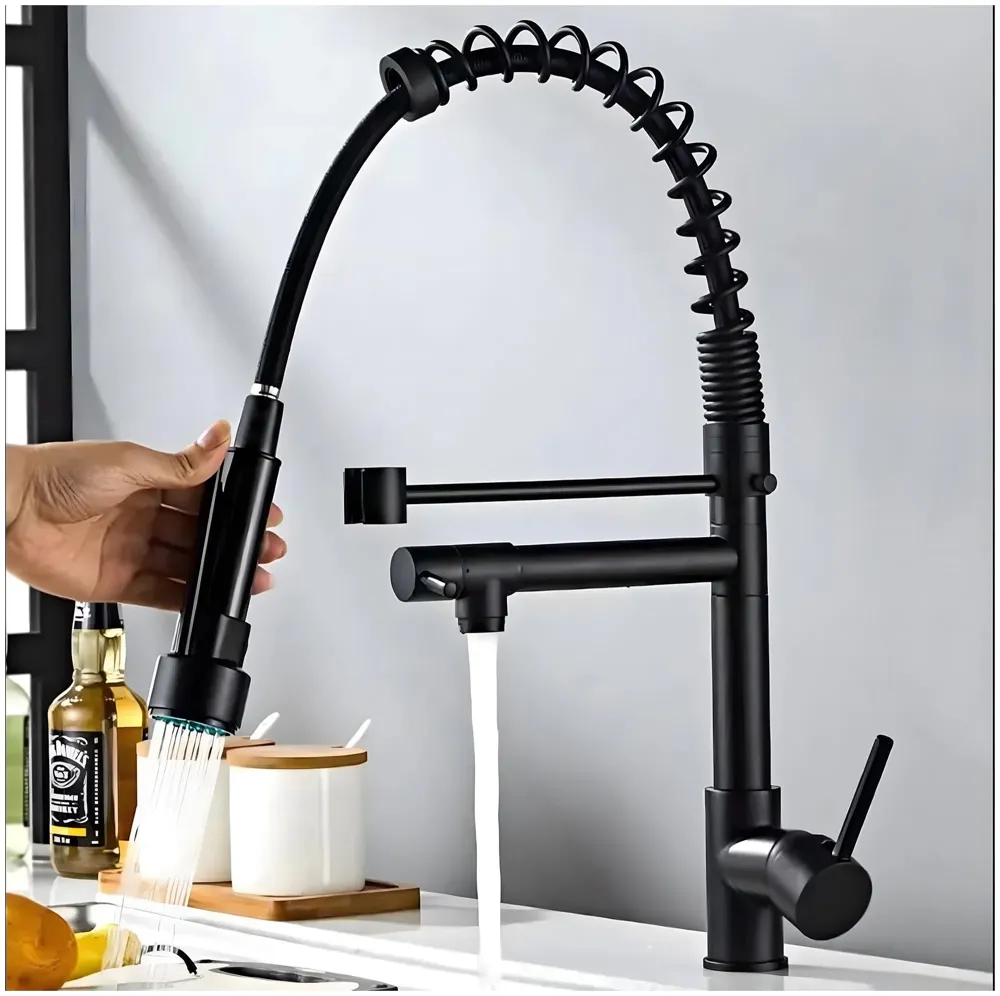 Black Kitchen Faucet 2 in 1, 2 Modes, Swivel Body and Bendable Pipe with Holder hot and Cold Water Mixer 50 Cm x 25 Cm, 360 Degree Rotation