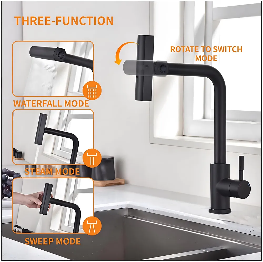 3 in 1 Black Kitchen Faucet Mixer Swivel Pull Out Sprayer 36 cm