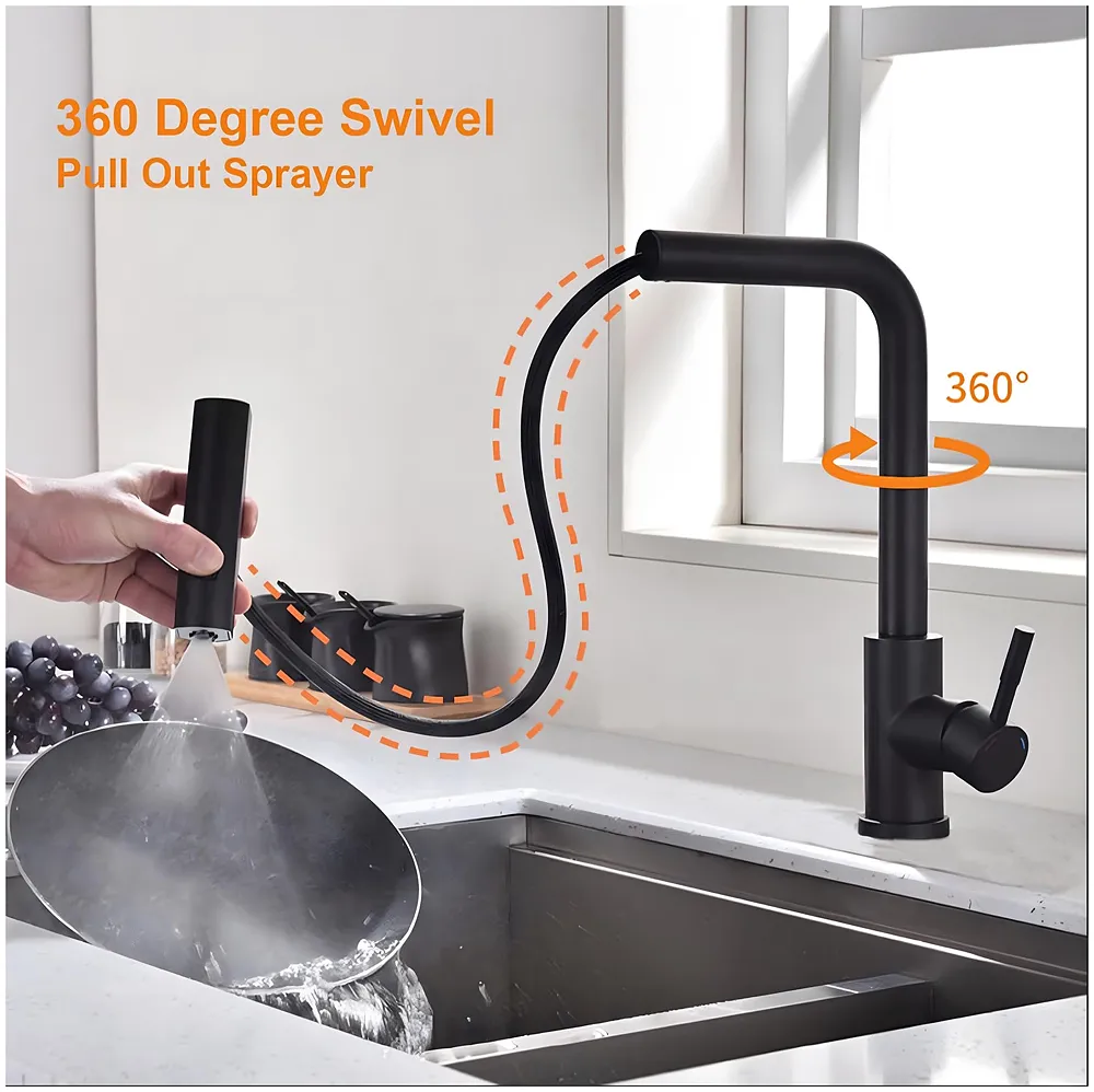 3 in 1 Black Kitchen Faucet Mixer Swivel Pull Out Sprayer 36 cm