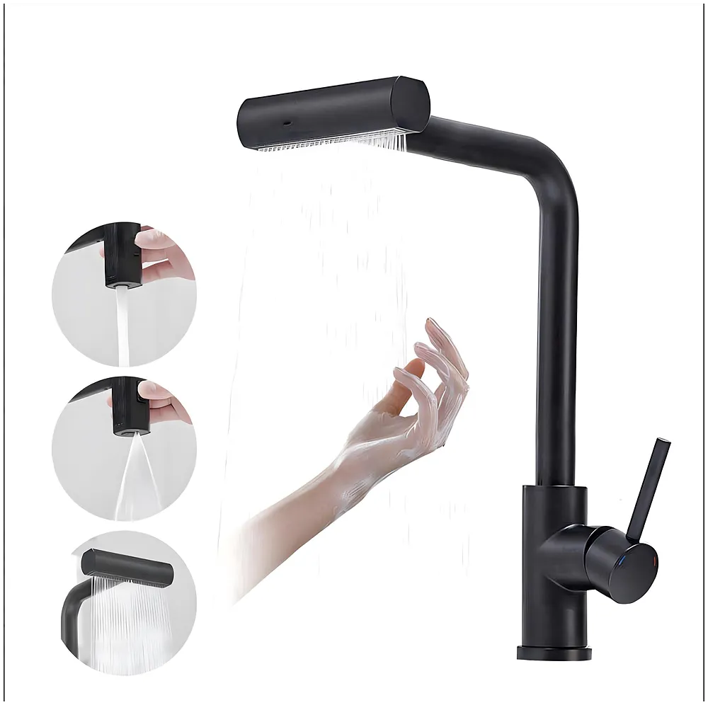 3 in 1 Black Kitchen Faucet Mixer Swivel Pull Out Sprayer 36 cm