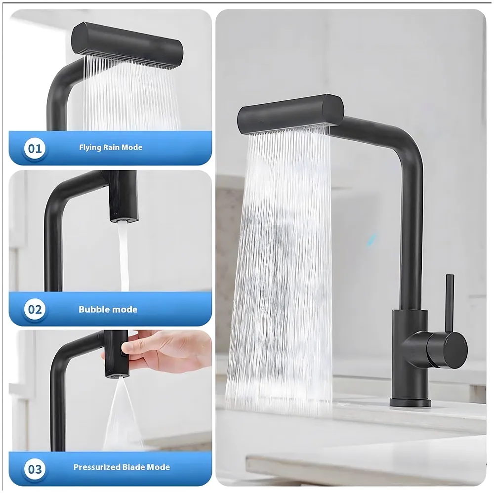 3 in 1 Black Kitchen Faucet Mixer Swivel Pull Out Sprayer 36 cm