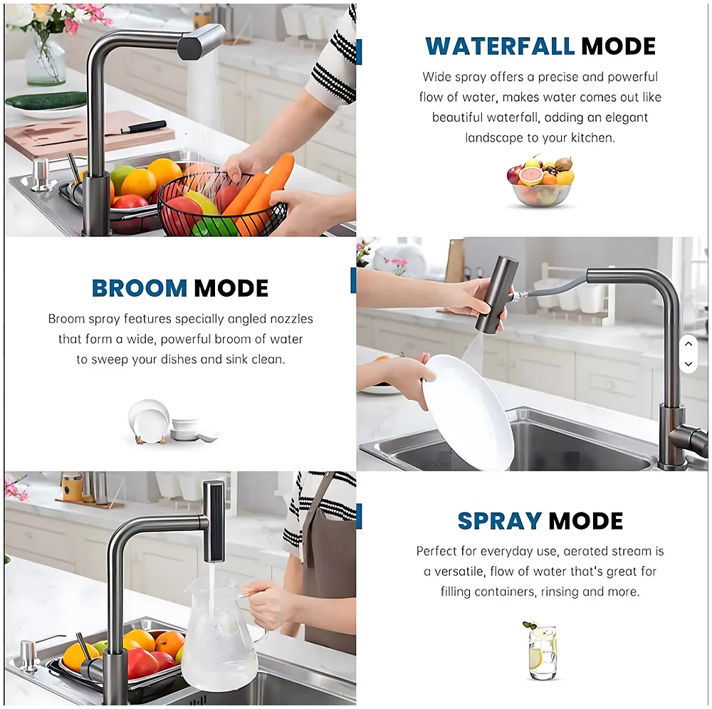 3 in 1 Black Kitchen Faucet Mixer Swivel Pull Out Sprayer 36 cm
