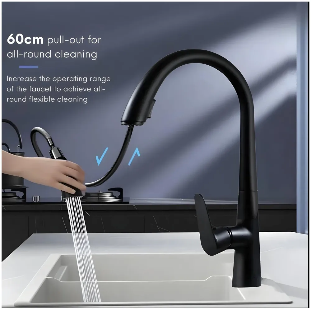 Kitchen Tap Pull Out Kitchen Sink Mixer with 2-Flow Sprayer Black Colour Finish Sink Faucet, Sink Tap, Black, Zinc Material 42.5cm x 26cm Hot and Cold Water