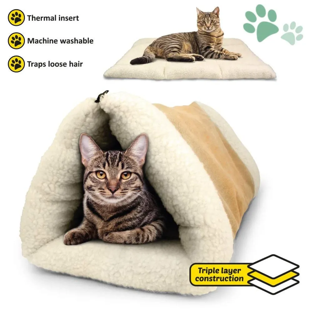 Cat Bed Cave House Bed - Best for Indoor Cats Houses Heated Kitten Warm Pet Self Warming w/Hoods Caves Igloo Covered Pod Felted Faux Felt Wool Cocoon - 2-in-1 Fleece Tunnel Tube Mat Pad