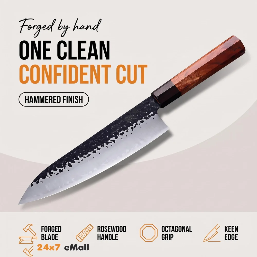 Japanese Chef Knife - Damascus Pattern, 8 Inch, Silver, High Carbon Stainless Steel, Wooden Handle