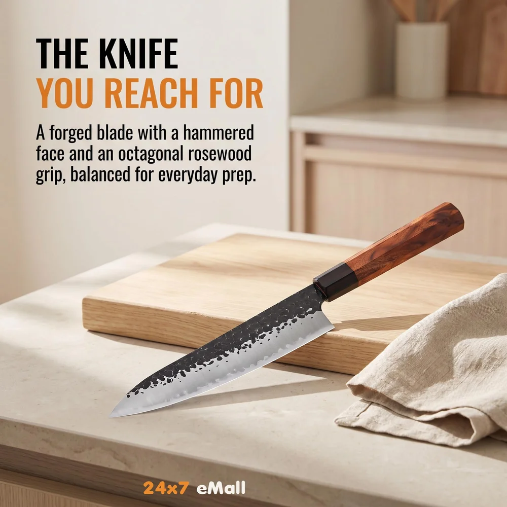 Japanese Chef Knife - Damascus Pattern, 8 Inch, Silver, High Carbon Stainless Steel, Wooden Handle