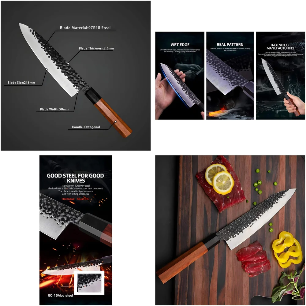 Japanese Chef Knife - Damascus Pattern, 8 Inch, Silver, High Carbon Stainless Steel, Wooden Handle