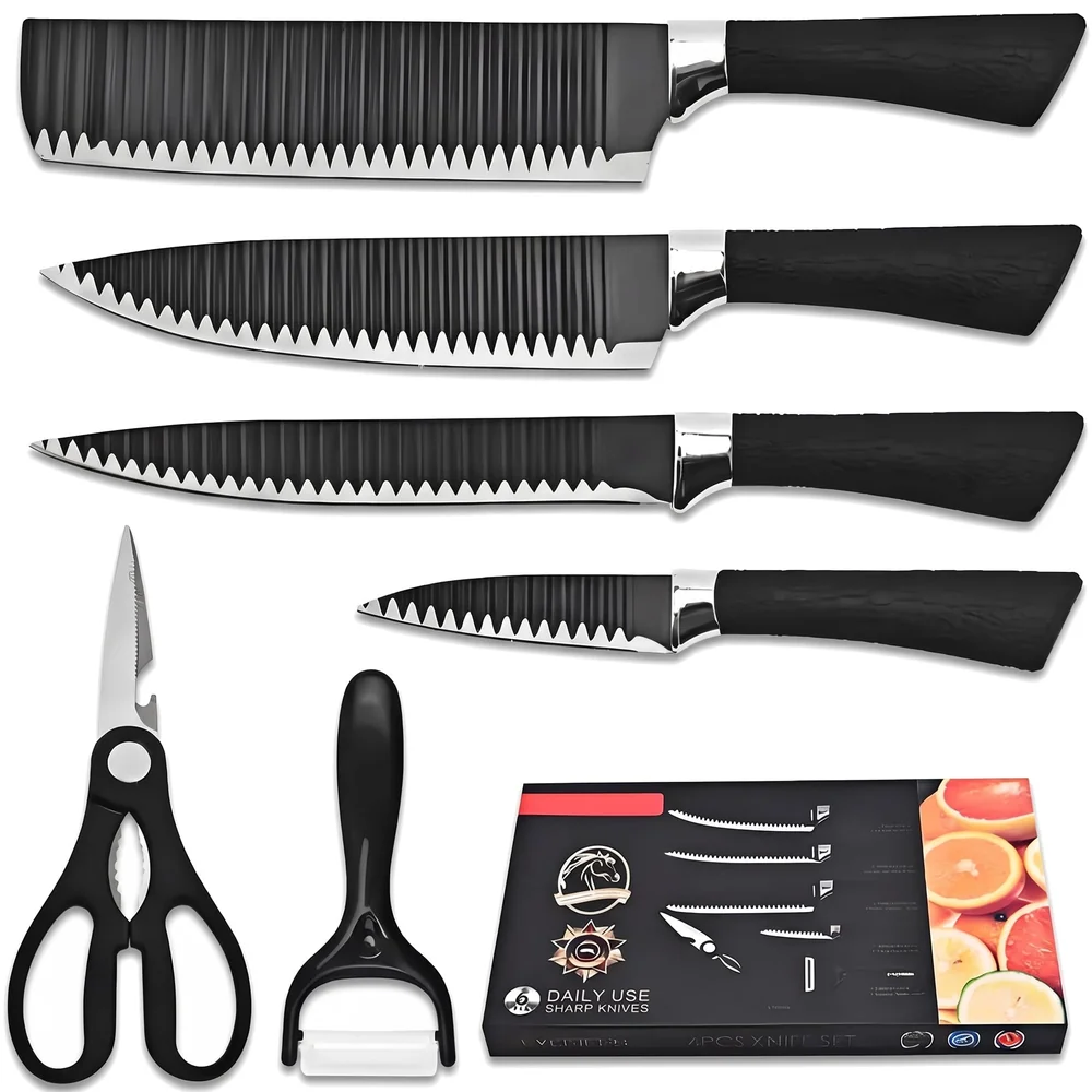 6 Pcs Knife Japanese Knife with Groove Pattern Chef Knife High Carbon Stainless Steel Laser Knives Kitchen with Box