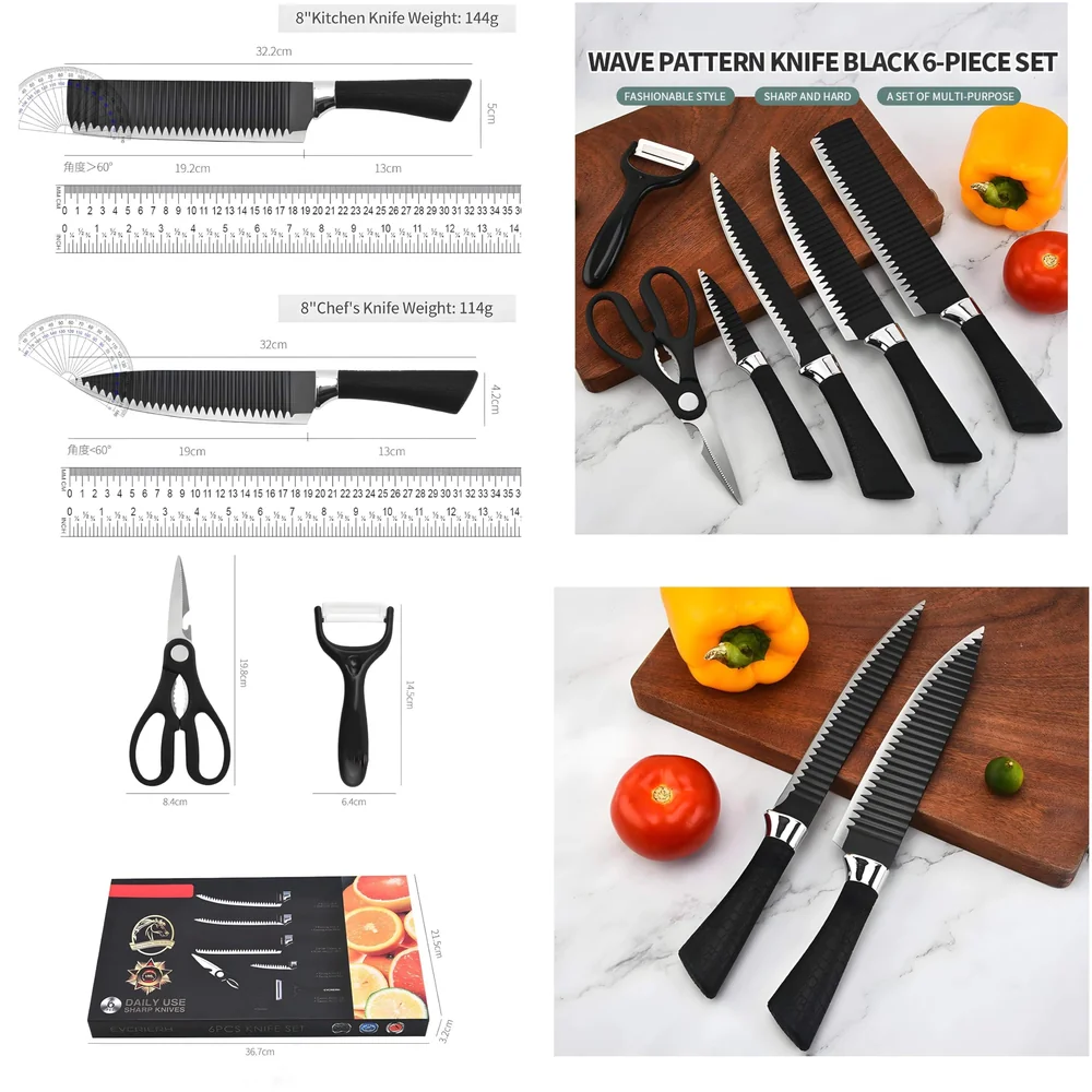 6 Pcs Knife Japanese Knife with Groove Pattern Chef Knife High Carbon Stainless Steel Laser Knives Kitchen with Box