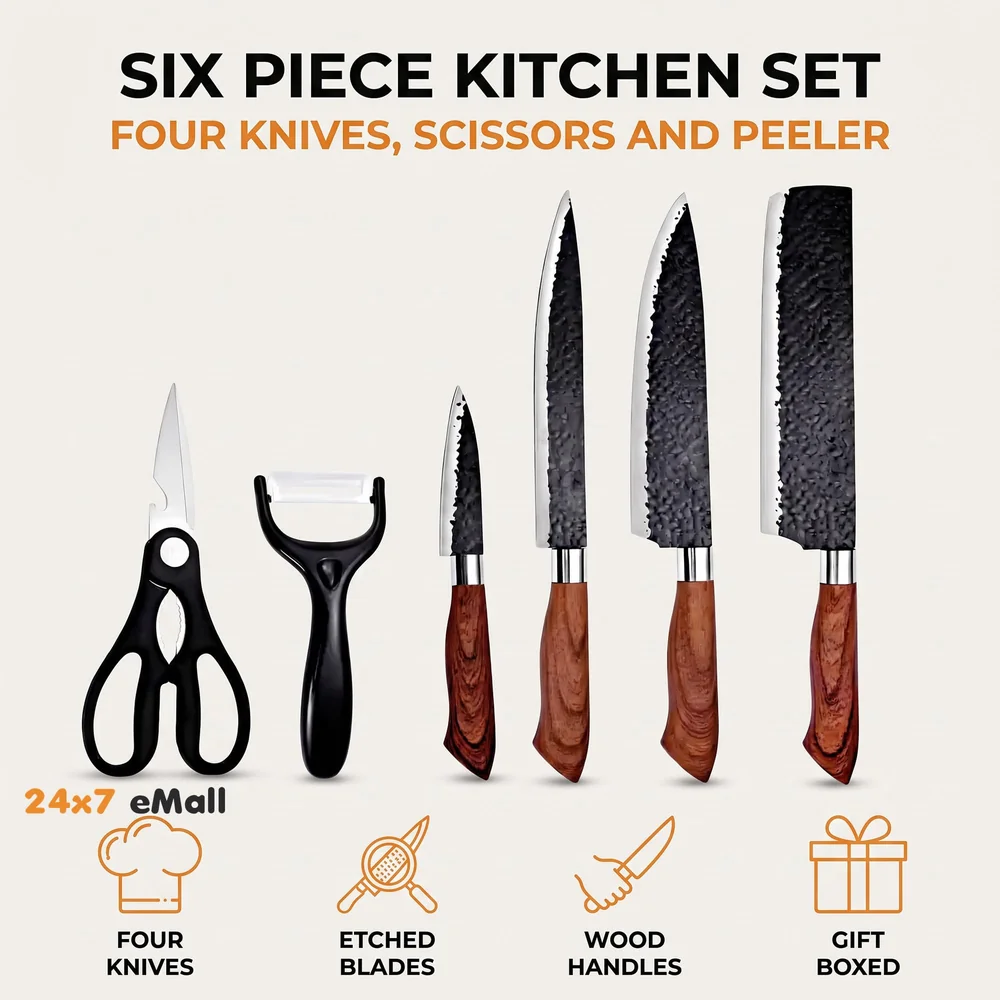 6 Pcs Knife Japanese Knife with Damascus Pattern ~ Shimura Collection ~ Chef Knife High Carbon Stainless Steel Laser Knives Kitchen with Box