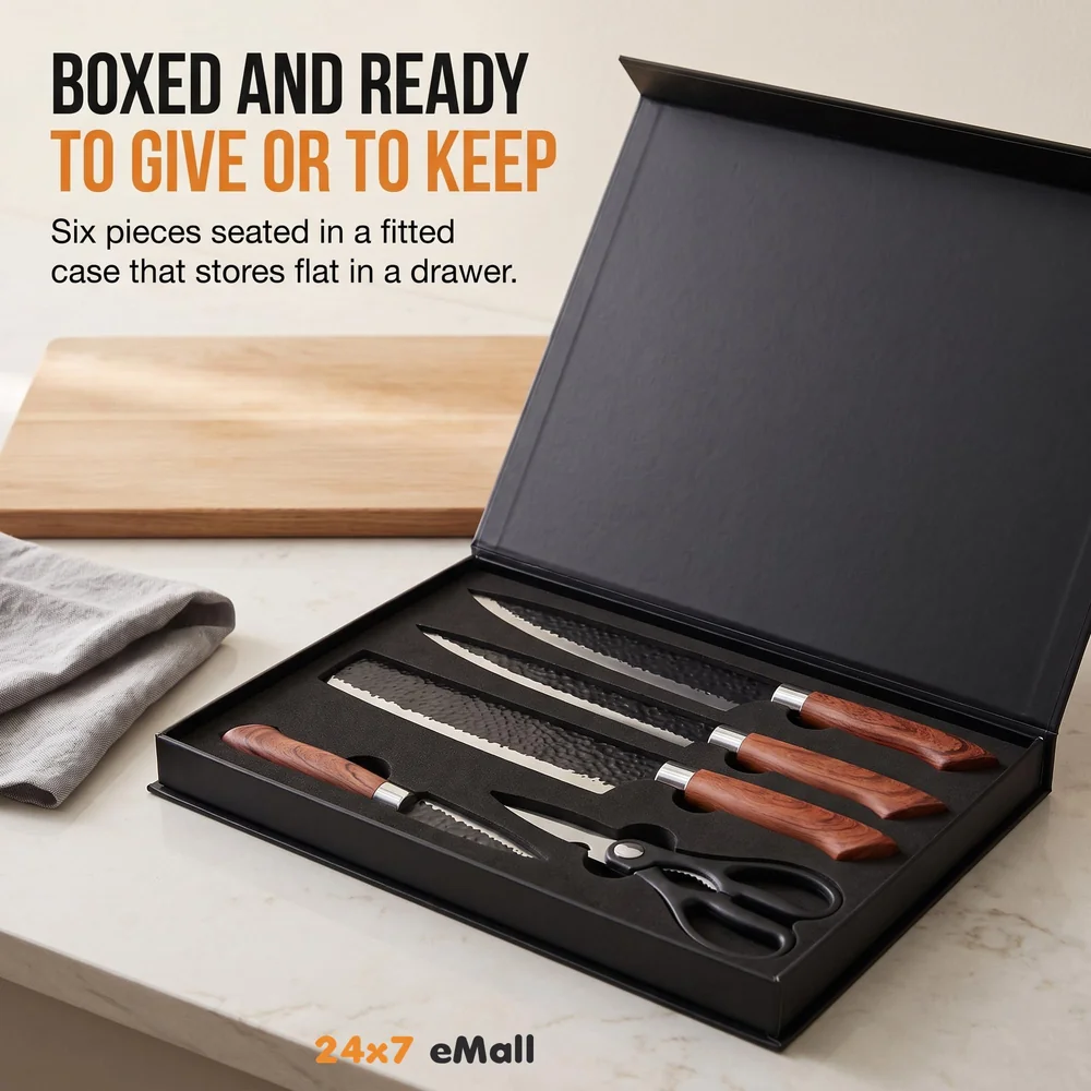 6 Pcs Knife Japanese Knife with Damascus Pattern ~ Shimura Collection ~ Chef Knife High Carbon Stainless Steel Laser Knives Kitchen with Box