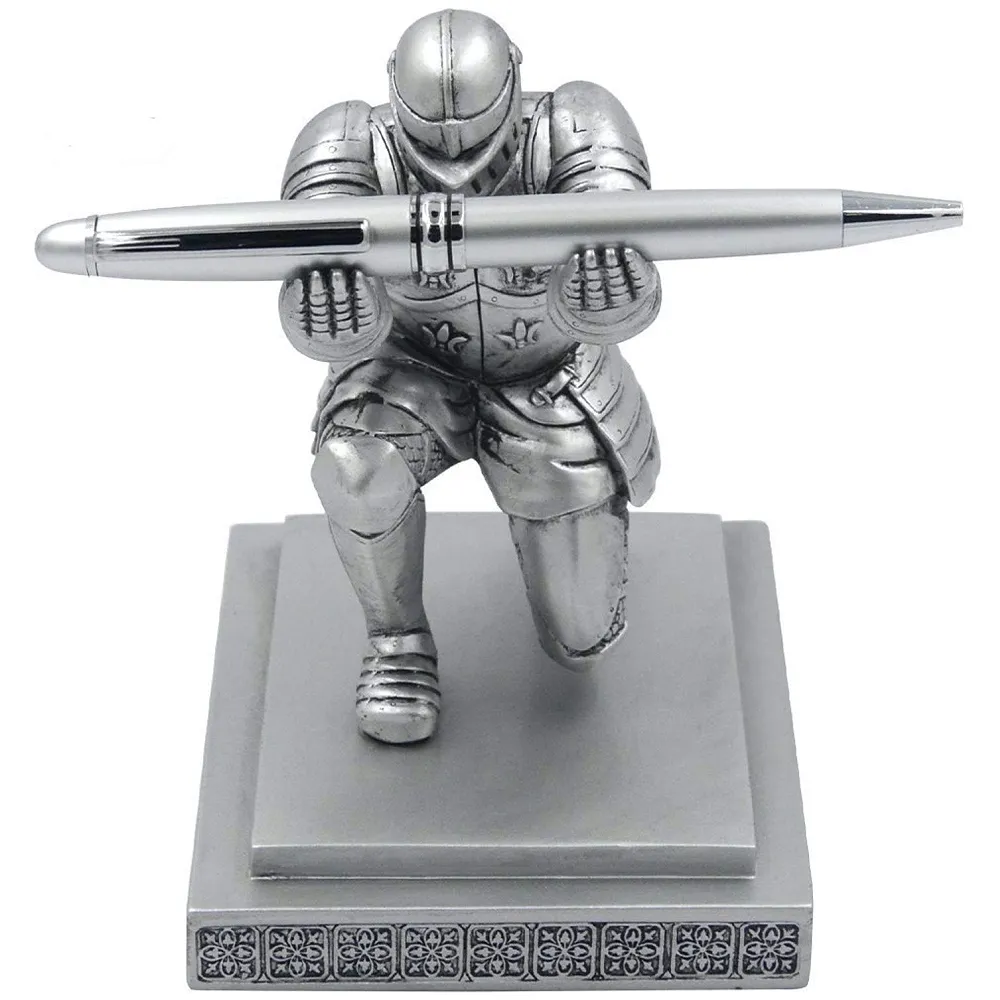 Executive Knight Pen Holder Stand Resin Figure Crusade Silver